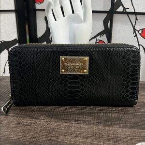 Michael Kors Black Snake-Embossed Zip-Around Wallet with Gold Plaque